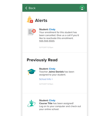 screenshots of the Alerts on the K12 App